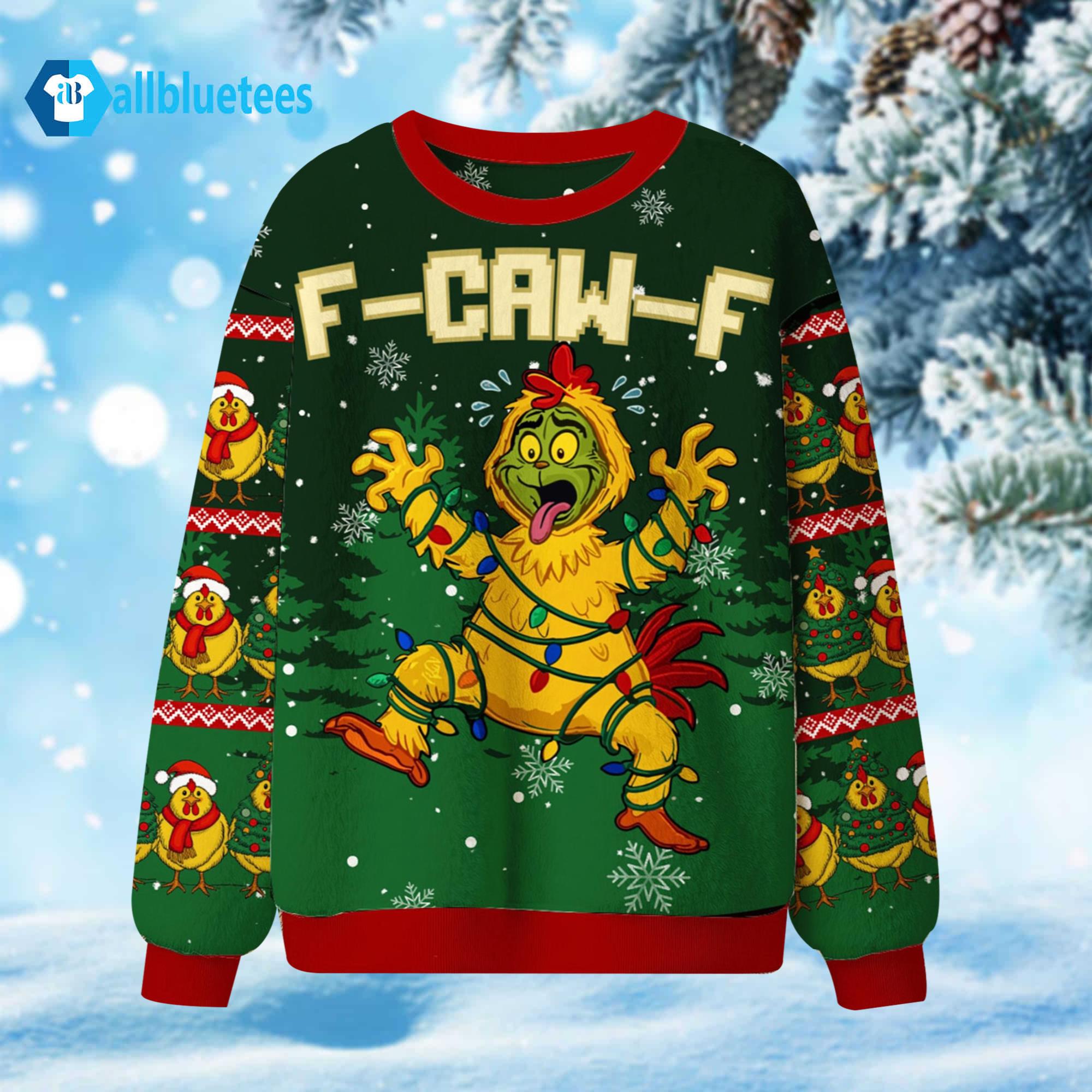 Funny Green Rooster F-Caw-F Ugly Christmas Sweater Funny Green Rooster F-Caw-F Ugly Christmas Sweater