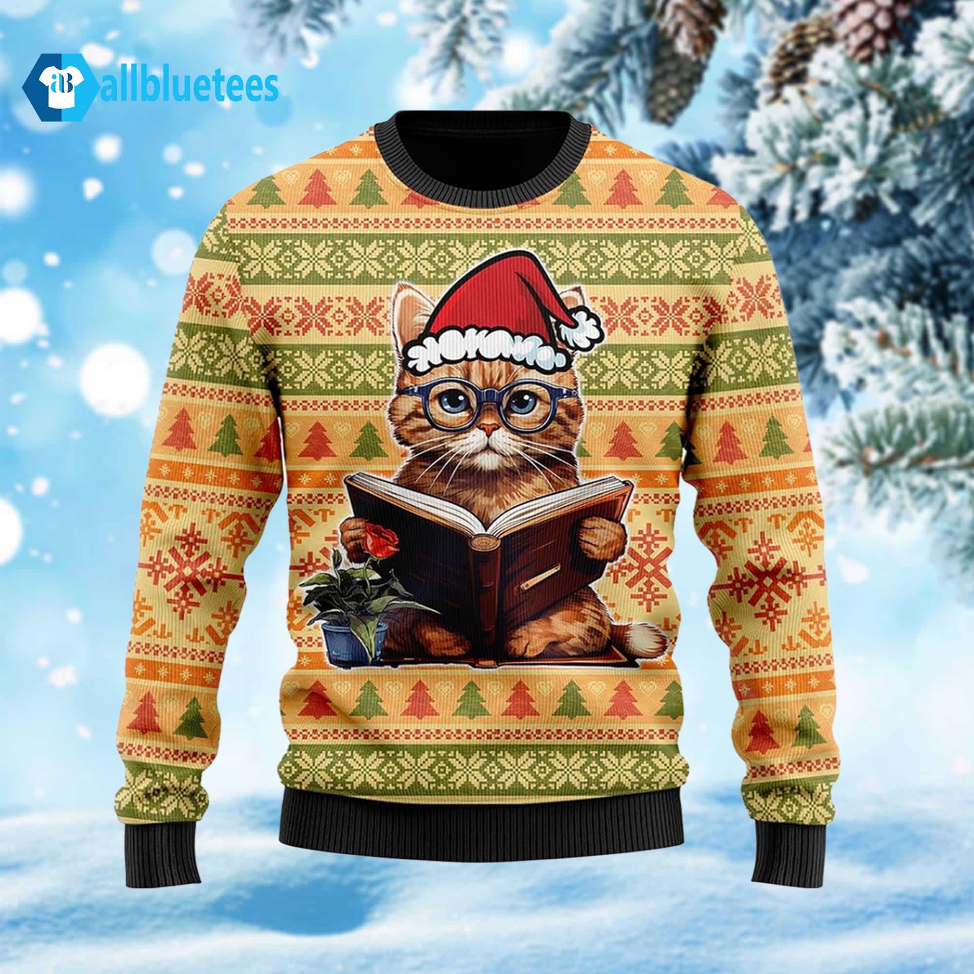 Cat Reading Ugly Christmas Sweater Cat Reading Ugly Christmas Sweater