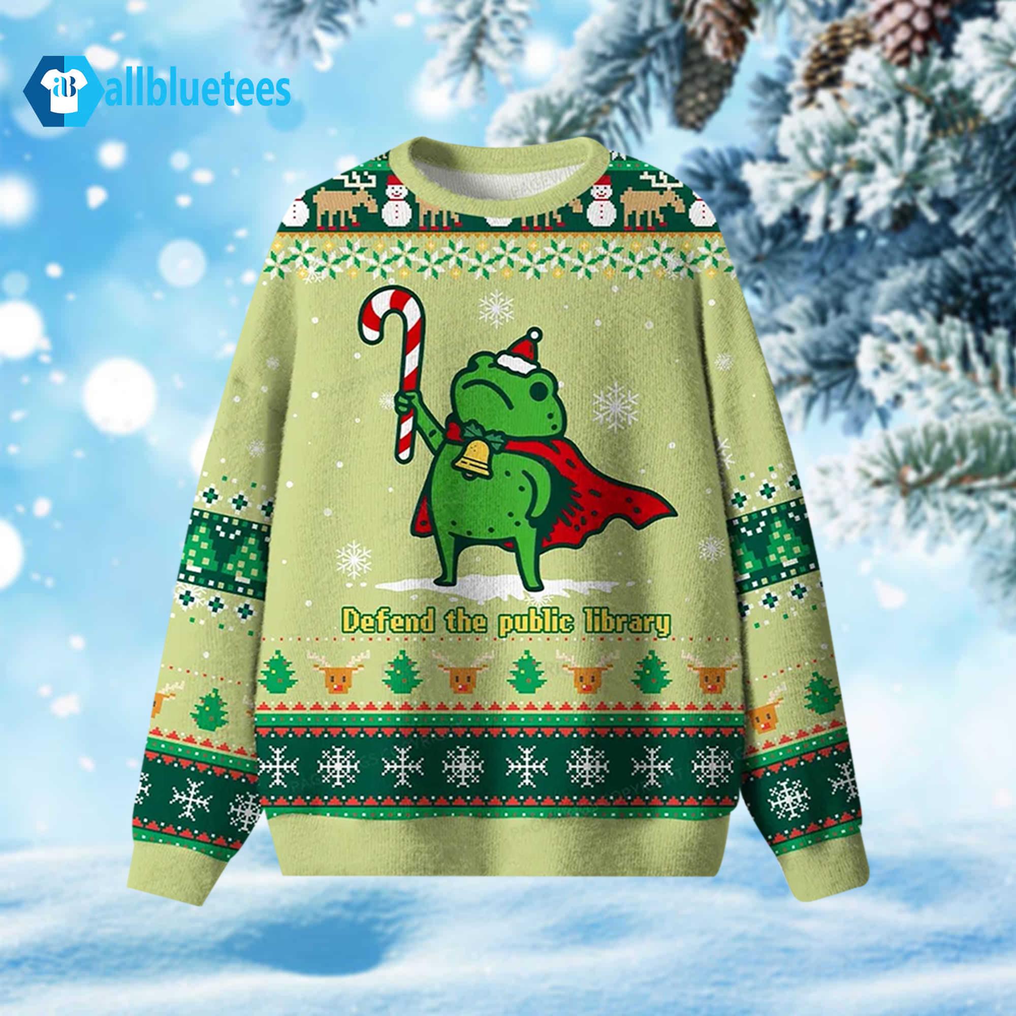 Frog Defend The Public Library Ugly Christmas Sweater Frog Defend The Public Library Ugly Christmas Sweater