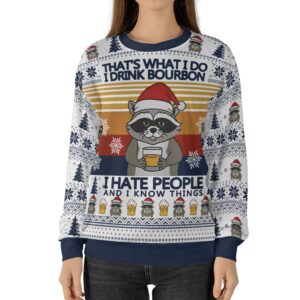 Raccoon Thats What I Do I Drink Bourbon Ugly Christmas Sweater front.jpg