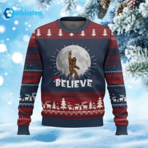 Bigfoot Cool Moon Believe Ugly Christmas Sweater