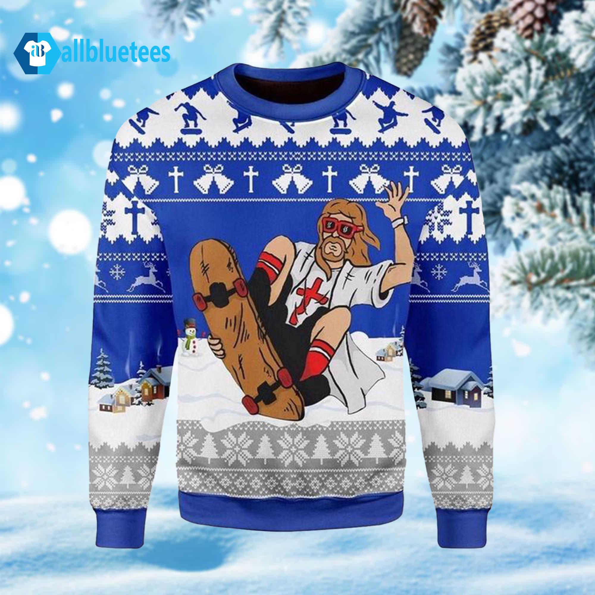 Jesus Skateboarding Christmas Ugly Christmas Sweater Jesus Skateboarding Christmas Ugly Christmas Sweater