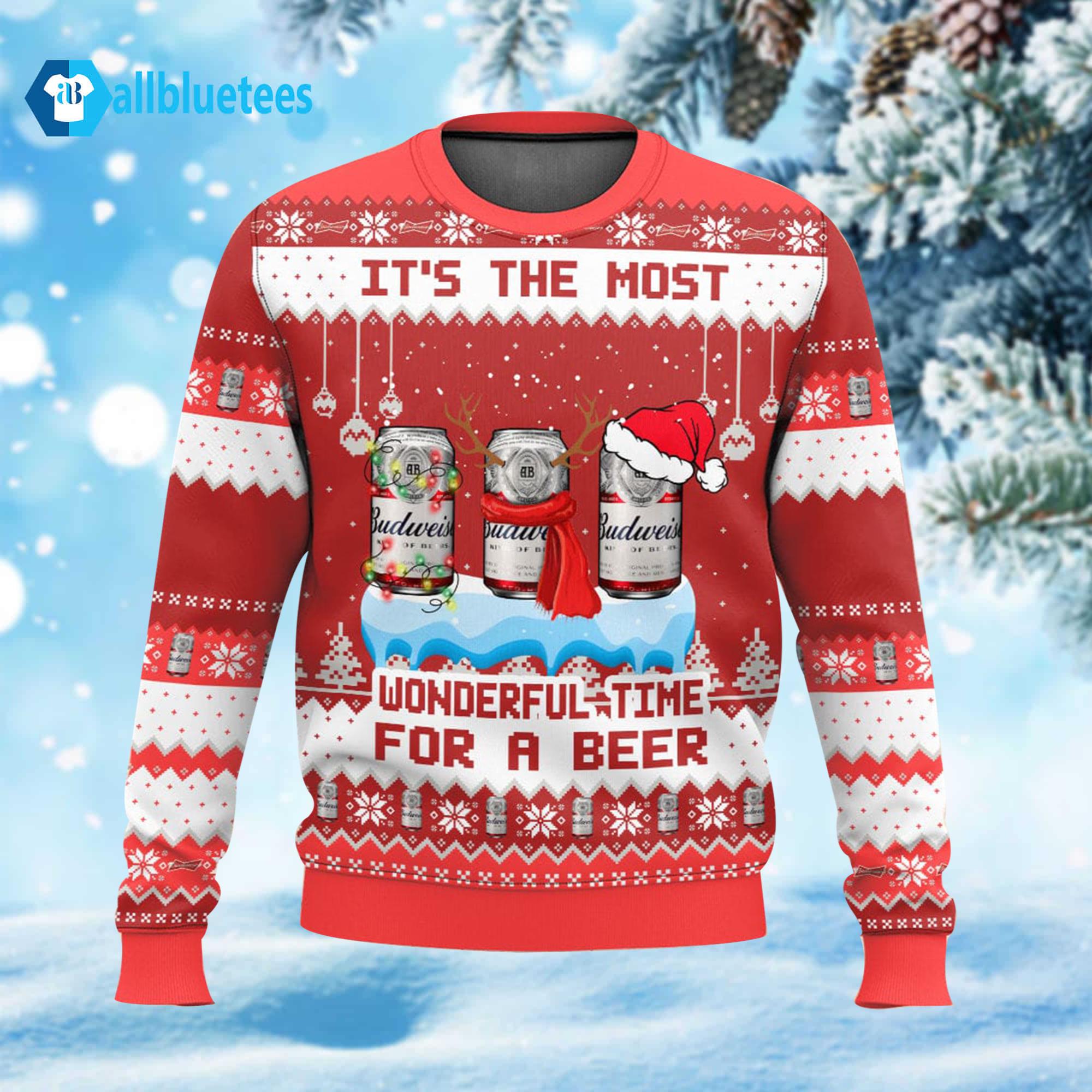 It’s The Most Wonderful Time For A Beer Budweiser Ugly Christmas Sweater It’s The Most Wonderful Time For A Beer Budweiser Ugly Christmas Sweater