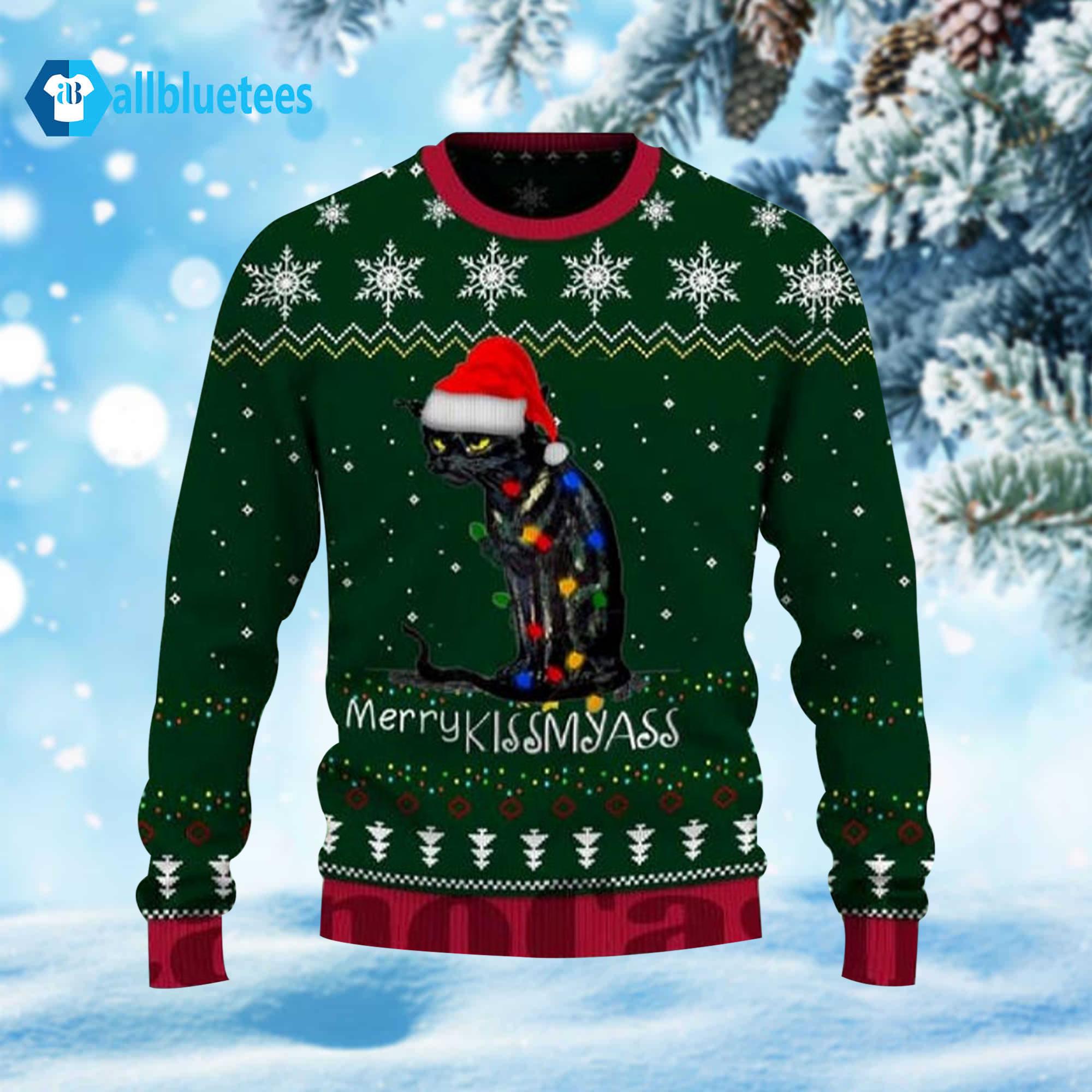 Merry Kissmyass Black Cat Ugly Christmas Sweater Merry Kissmyass Black Cat Ugly Christmas Sweater