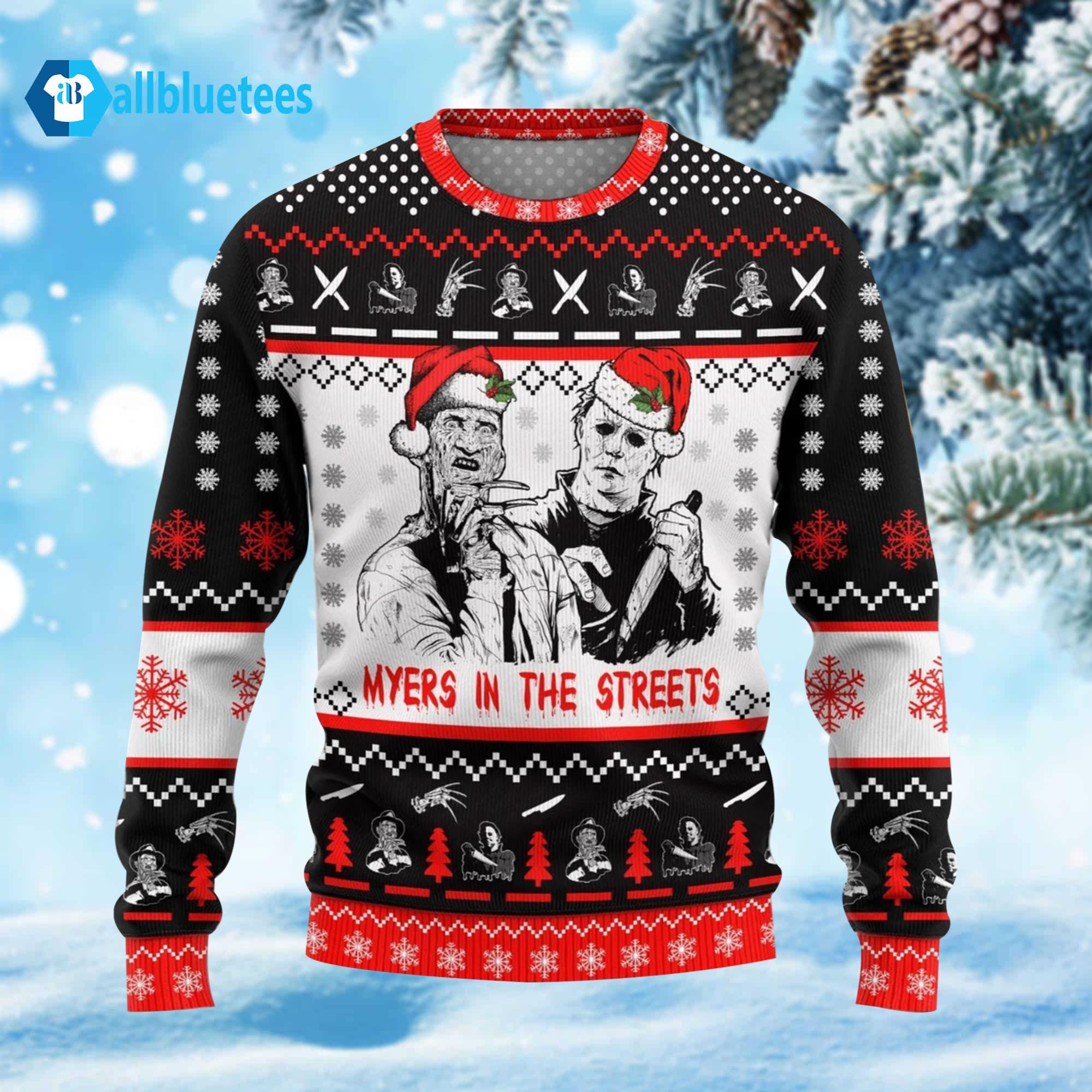 Michael Myers And Freddy Krueger Myers In The Street Ugly Christmas Sweater Michael Myers And Freddy Krueger Myers In The Street Ugly Christmas Sweater