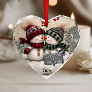 Snowman Couple Christmas – Personalized Heart Glass Ornament – Christmas Gift For Her/Him, Husband/Wife, Couples
