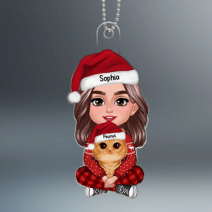 Woman Holding Cute Fluffy Cat – Custom Shaped Acrylic Ornament – Christmas Gift for Cat Lovers, Pet Lovers, Cat Mom