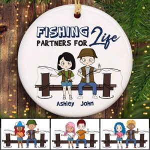 Fishing Partner For Life Chibi Couple – Personalized Circle Ceramic Ornament – Christmas Gift For Couple, Husband, Wife, Fishing Lover