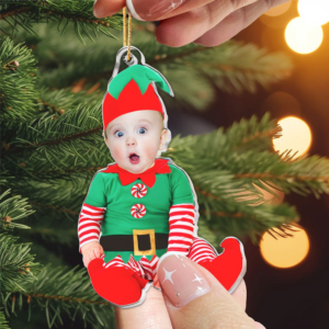 Custom Photo Elf Adorable Newborn Baby – Personalized Custom Shaped Acrylic Ornament – Babies 1st Christmas Gifts