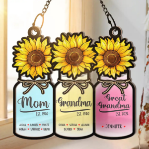 Flower Mason Jar Mom Grandma Great Grandma – Personalized Window Hanging Suncatcher Ornament – Gift For Mom, Mama, Mommy, Grandma