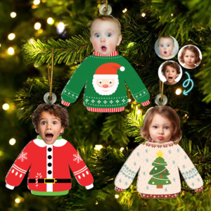 Custom Photo Funny Family Faces Hanging Christmas Sweater – Personalized Cutout Acrylic Ornament