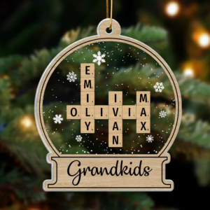 Snow Globe Family Crossword Puzzle – Personalized Custom Shaped Acrylic Ornament – Christmas Gift For Family Members, Mom, Dad, Grandparents