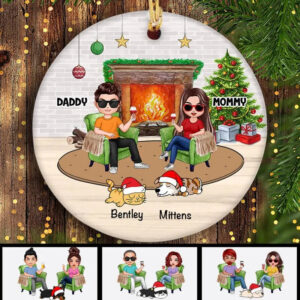 Doll Couple And Dogs Cats – Personalized Circle Ceramic Ornament – Christmas Gift For Couple, Husband, Wife, Pets Lovers