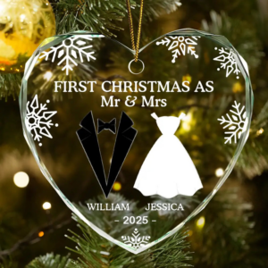 First Christmas As Married Couples – Personalized Heart Shaped Glass Ornament – Christmas Gift For Her/Him, Husband/Wife, Couples