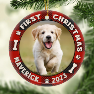 Custom Photo First Christmas Dog & Cat – Personalized Circle Ceramic Ornament – Christmas Gift for Dog Lovers, Cat Lovers, Pet Lovers