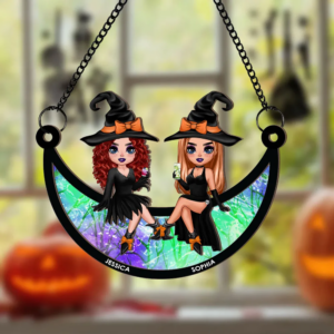 Halloween Witch Besties Sitting On Moon – Personalized Window Hanging Suncatcher Ornament – Gift For Her, Besties, Best Friends, Sisters