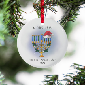In This House We Celebrate Love Hanukkah – Personalized Circle Ceramic Ornament – Interfaith Family Gift Ideas, Jewish and Christian Family Decorations