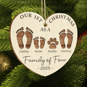 First Christmas As A Family Of Four Footprints – Personalized Wood Ornament – Babies 1st Christmas Gifts