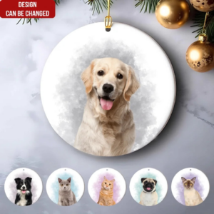 Custom Photo Pet Watercolor Ornament – Personalized Circle Ceramic Ornament – Christmas Gift for Dog Lovers, Cat Lovers, Pet Lovers