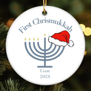 First Chrismukkah – Personalized Circle Ceramic Ornament – Interfaith Family Gift Ideas, Jewish and Christian Family Decorations