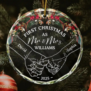 Holding Hands First Christmas Couple – Personalized Circle Glass Ornament – Christmas Gift For Her/Him, Husband/Wife, Couples