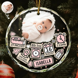 Custom Photo Baby First Christmas – Personalized Circle Glass Ornament – Newborn Gifts, Babies 1st Christmas Gifts