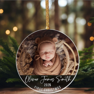 Custom Photo Baby’s First Christmas – Personalized Circle Acrylic Ornament – Babies First Christmas Gifts