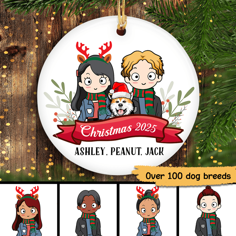 Christmas Chibi Couple And Dogs – Personalized Circle Ceramic Ornament – Gift For Couple, Dog Mom, Dog Dad, Dog Lovers Christmas Chibi Couple And Dogs – Personalized Circle Ceramic Ornament – Gift For Couple, Dog Mom, Dog Dad, Dog Lovers