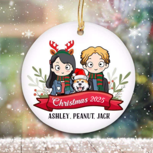 Christmas Chibi Couple And Dogs - Personalized Circle Ceramic Ornament - Gift For Couple, Dog Mom, Dog Dad, Dog Lovers 1 circle ornament christmas chibi 1 1.png