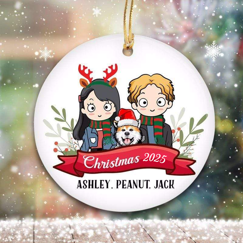 Christmas Chibi Couple And Dogs – Personalized Circle Ceramic Ornament – Gift For Couple, Dog Mom, Dog Dad, Dog Lovers Christmas Chibi Couple And Dogs – Personalized Circle Ceramic Ornament – Gift For Couple, Dog Mom, Dog Dad, Dog Lovers