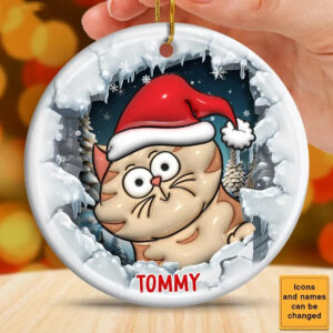 Cat Christmas 3D Inflated Effect Printed - Personalized Circle Ceramic Ornament - Christmas Gift for Cat Lovers, Pet Lovers, Cat Mom, Cat Dad 3 Cat Ornament 3.jpg