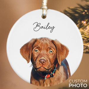 Custom Photo Pet Portrait Ornament – Personalized Circle Ceramic Ornament – Christmas Gift for Dog Lovers, Cat Lovers, Pet Lovers