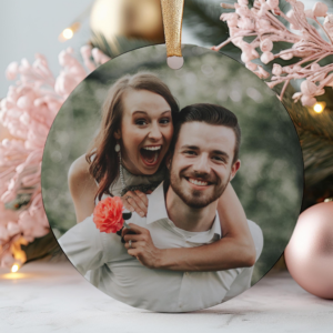 Custom Photo Couple Christmas Ornament – Personalized Circle Ceramic Ornament – Gift For Couple, Husband, Wife, Family Members