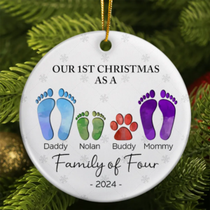 First Christmas As A Family Of Four Footprints – Personalized Circle Ceramic Ornament – Babies First Christmas Gifts