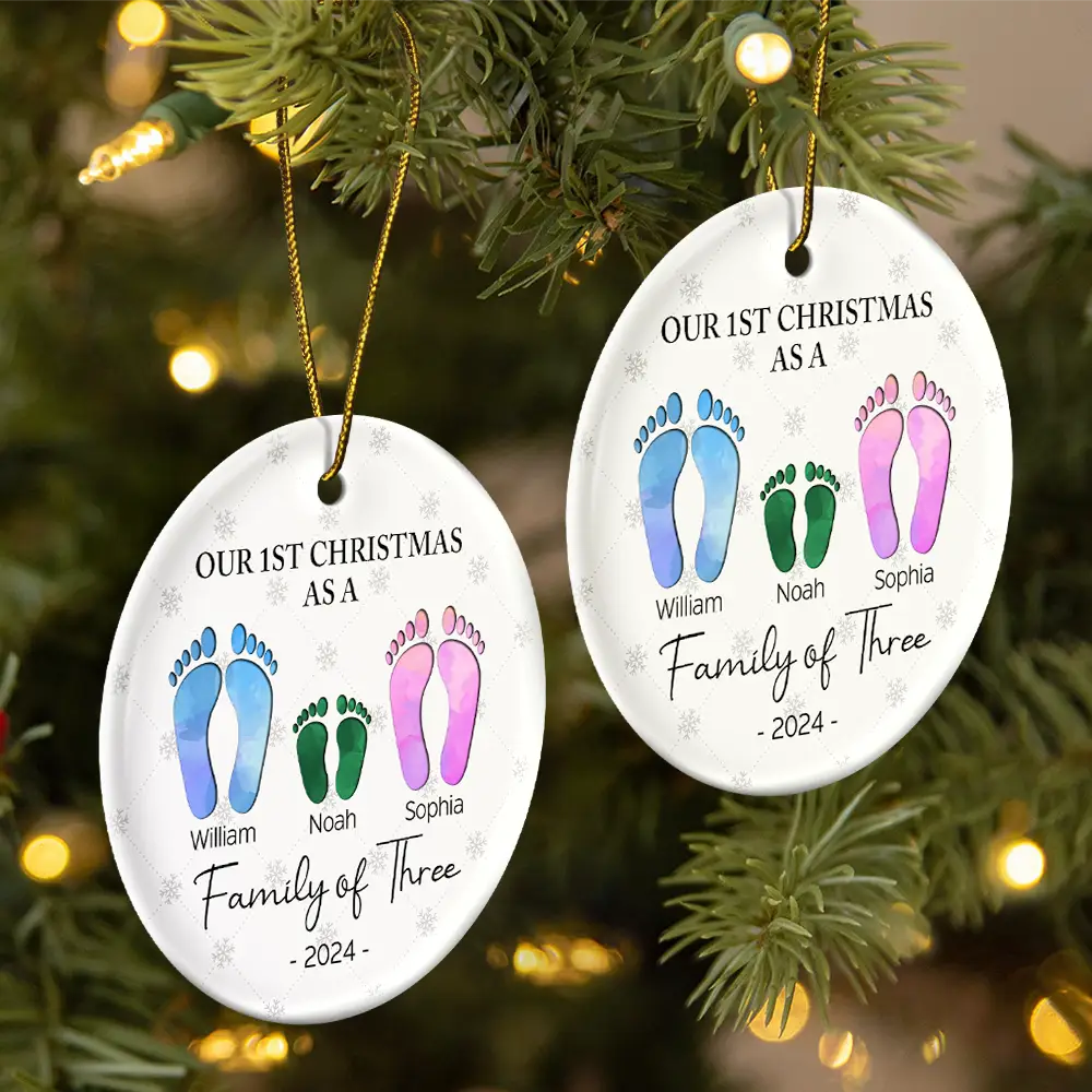 First Christmas As A Family Of Four Footprints – Personalized Circle Ceramic Ornament – Babies First Christmas Gifts First Christmas As A Family Of Four Footprints – Personalized Circle Ceramic Ornament – Babies First Christmas Gifts