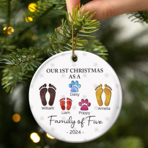 First Christmas As A Family Of Four Footprints - Personalized Circle Ceramic Ornament - Babies First Christmas Gifts 2 tdt300 3.png