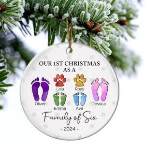 First Christmas As A Family Of Four Footprints - Personalized Circle Ceramic Ornament - Babies First Christmas Gifts 3 tdt300 4.png