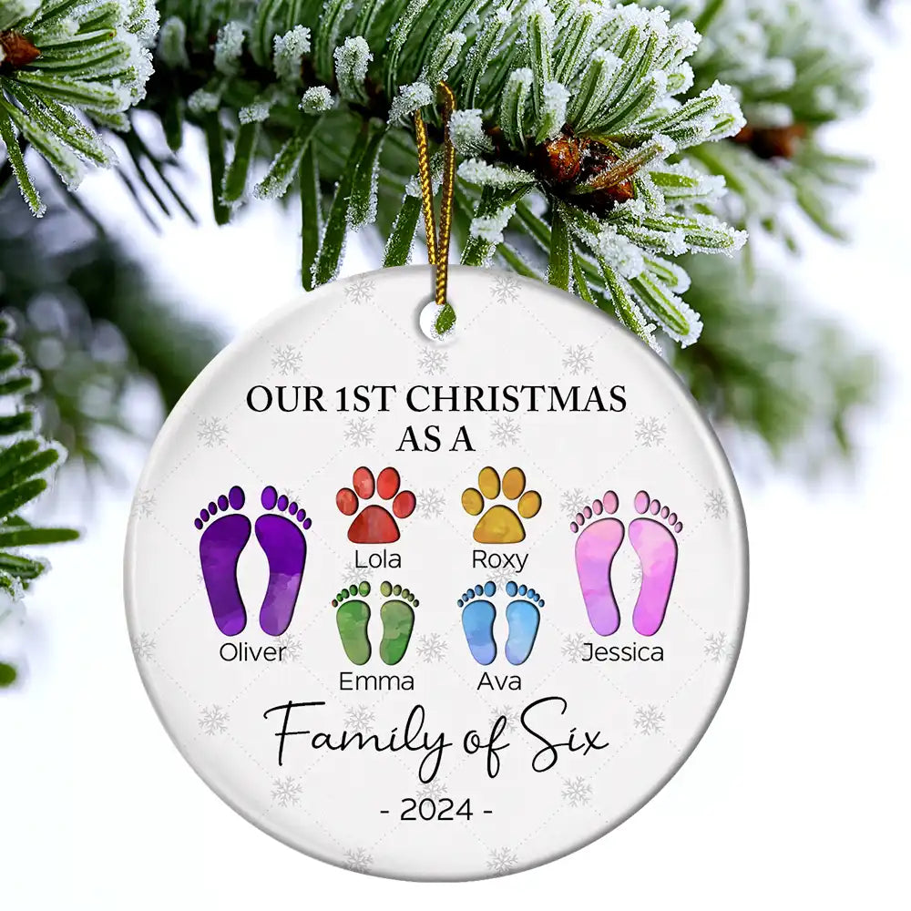 First Christmas As A Family Of Four Footprints – Personalized Circle Ceramic Ornament – Babies First Christmas Gifts First Christmas As A Family Of Four Footprints – Personalized Circle Ceramic Ornament – Babies First Christmas Gifts
