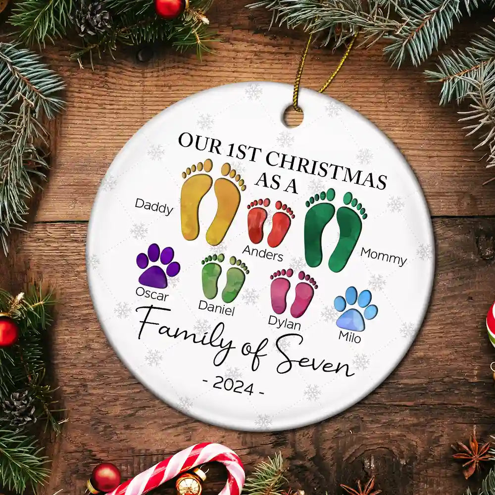 First Christmas As A Family Of Four Footprints – Personalized Circle Ceramic Ornament – Babies First Christmas Gifts First Christmas As A Family Of Four Footprints – Personalized Circle Ceramic Ornament – Babies First Christmas Gifts
