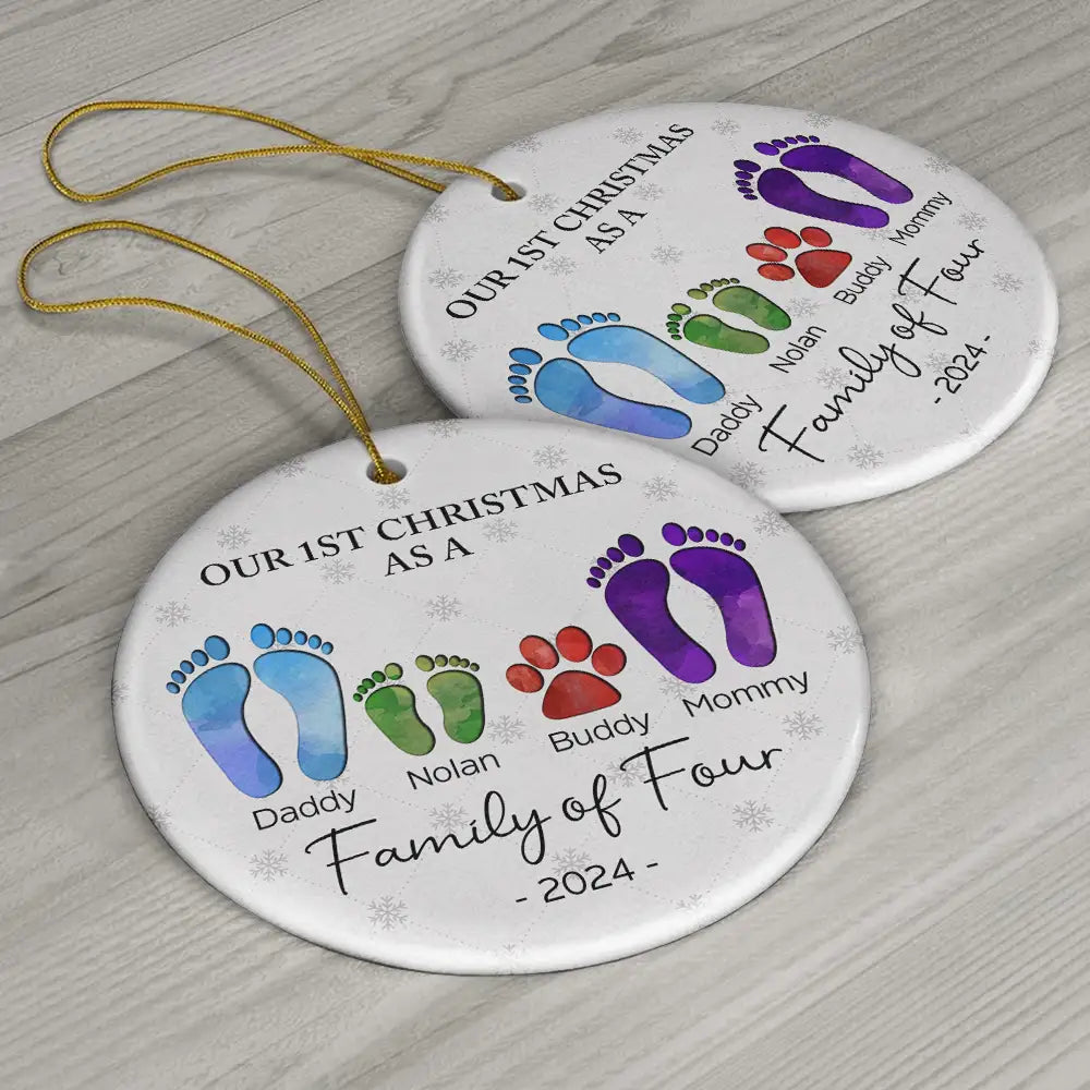 First Christmas As A Family Of Four Footprints – Personalized Circle Ceramic Ornament – Babies First Christmas Gifts First Christmas As A Family Of Four Footprints – Personalized Circle Ceramic Ornament – Babies First Christmas Gifts