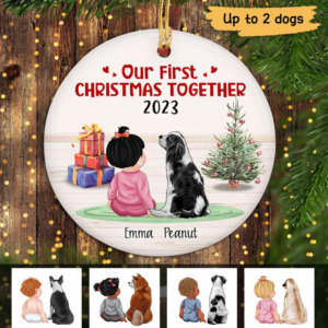 First Christmas Together Baby & Dog – Personalized Circle Ceramic Ornament – New 1st Baby Gift