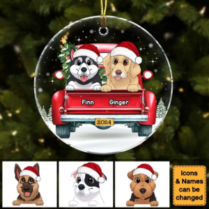 Dog Lovers Red Truck On The Snow – Personalized Circle Acrylic Ornament – Christmas Gift For Dog Mom, Dog Dad, Dog Lovers