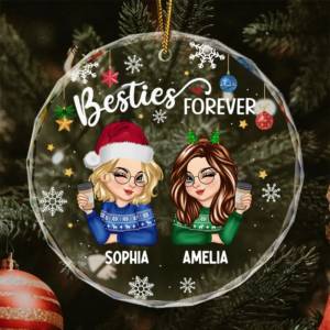 Besties Forever Christmas – Personalized Circle Glass Ornament – Christmas Gift for Besties, Sisters, Best Friends