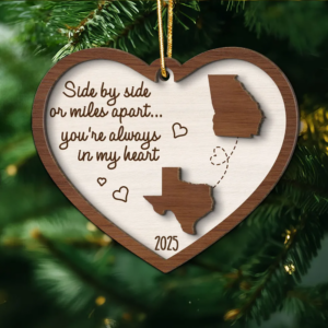 Miles Apart Long Distance Family Friendship State Map – Personalized Custom 2-layered Wood Ornament – Christmas Gift for Long Distance Family, Friendship Gift