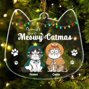 Meowy Catmas Funny Cartoon Cats – Personalized Custom Shaped Acrylic Ornament – Christmas Gift For Cat Lovers, Cat Mom, Cat Dad