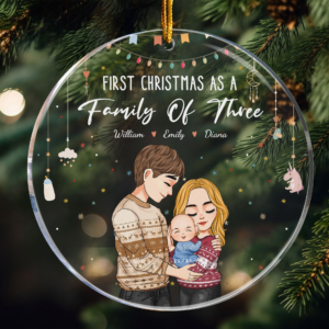 Baby First Christmas As A Family Of Three – Personalized Circle Acrylic Ornament – Babies First Christmas Gifts