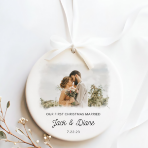 Custom Photo First Christmas Married – Personalized Circle Ceramic Ornament – Gift For Couple, Husband, Wife, Family Members