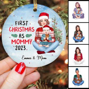 First Christmas As Mom/Grandma – Personalized Circle Ceramic Ornament – Christmas Gift For Mom, Grandma
