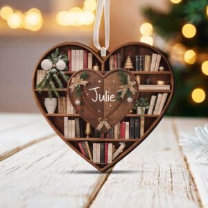 Bookshelf Heart Christmas – Personalized Wood Ornament – Christmas Gift For Book Lovers, Librarian