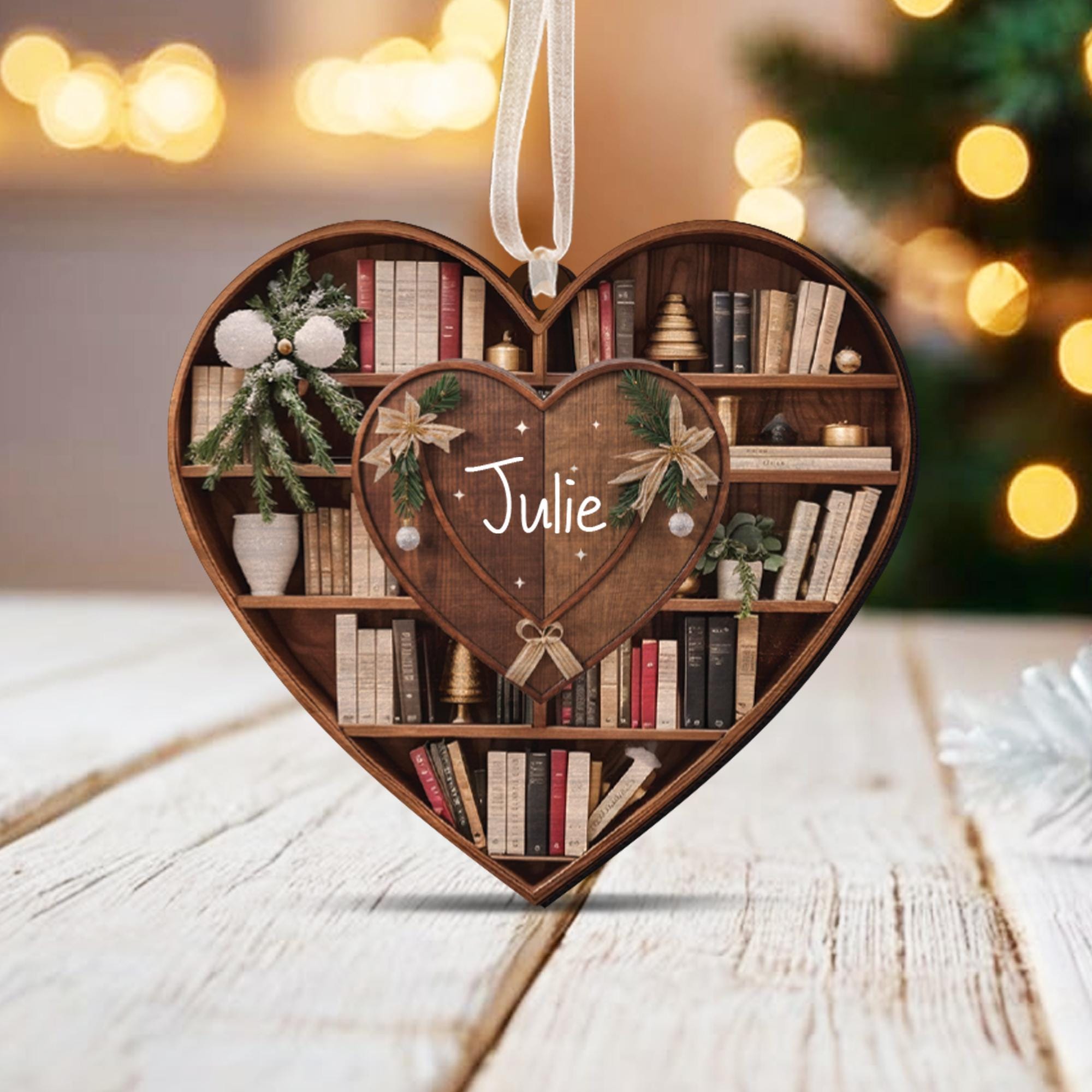 Bookshelf Heart Christmas – Personalized Wood Ornament – Christmas Gift For Book Lovers, Librarian Bookshelf Heart Christmas – Personalized Wood Ornament – Christmas Gift For Book Lovers, Librarian